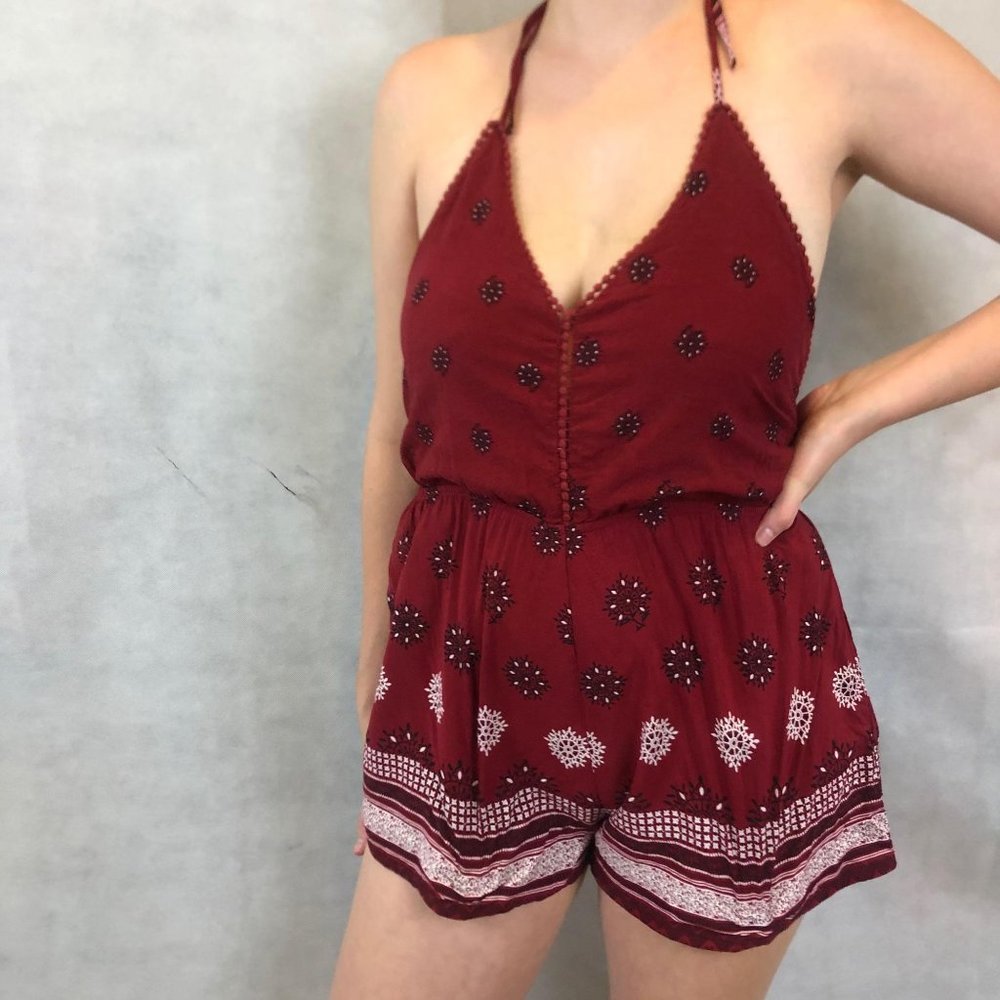 TOBI Red Embellish Halter Open Back Shorts Romper